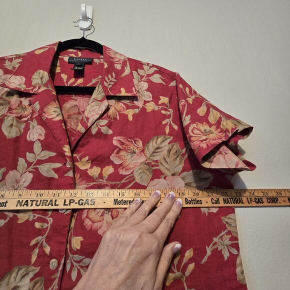 Lauren Ralph Lauren 100% Linen Floral Camp Shirt Womens LG Red Tan Boho Chintz - Picture 5 of 8